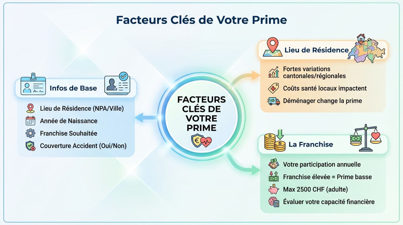 Illustration des facteurs clés influençant la prime d'assurance maladie en Suisse