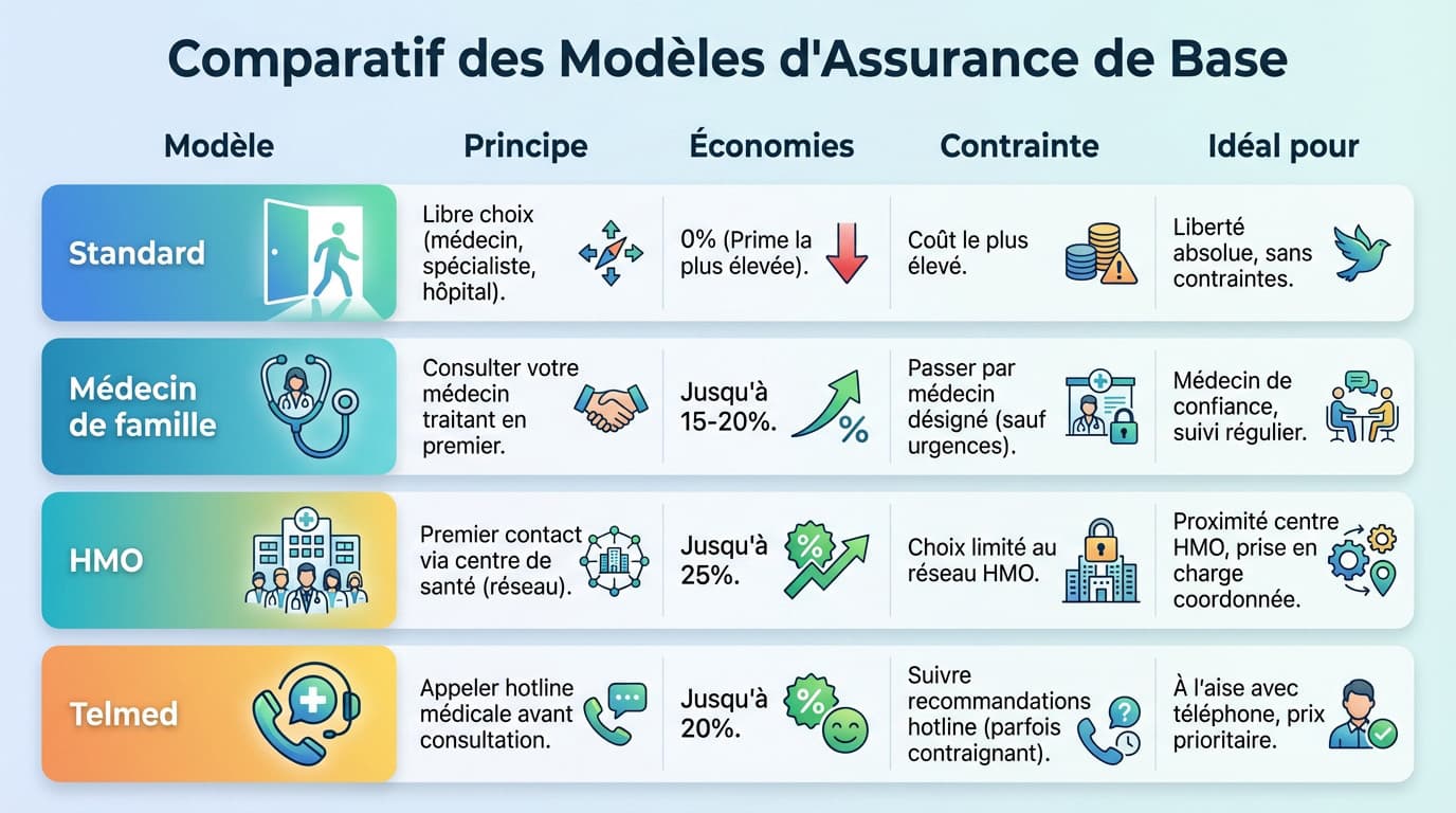 Comparatif visuel des modèles d'assurance maladie suisse pour optimiser ses primes